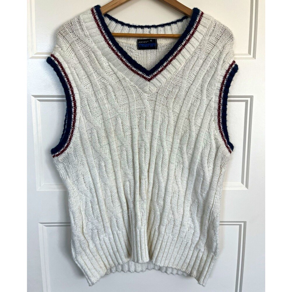 VTG 80s Jockey Trophy Cricket Sweater Vest Mens XL Cable Knit VNeck Preppy White